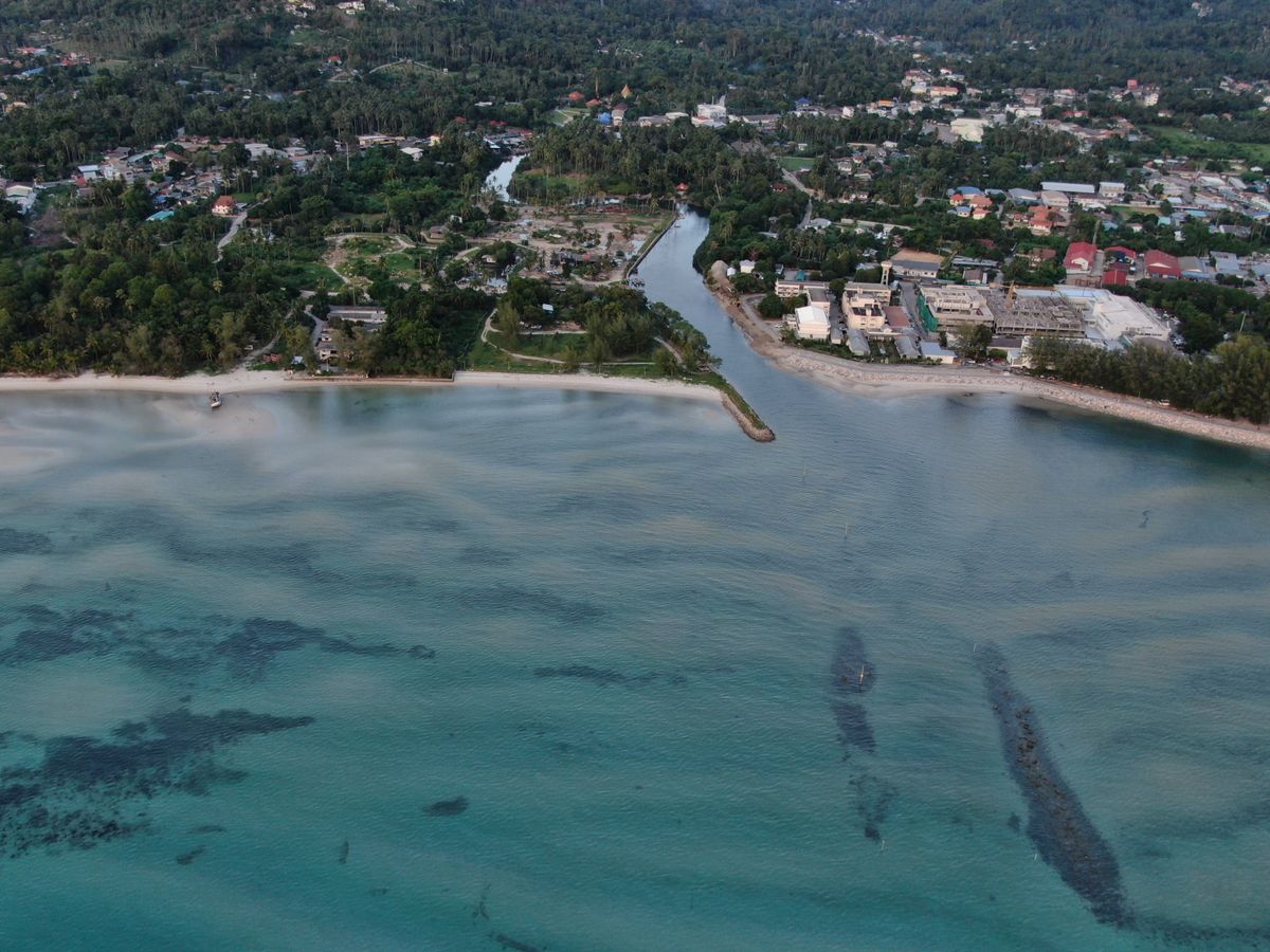 Aerial view of the calm north coast, Maenam, Koh Samui